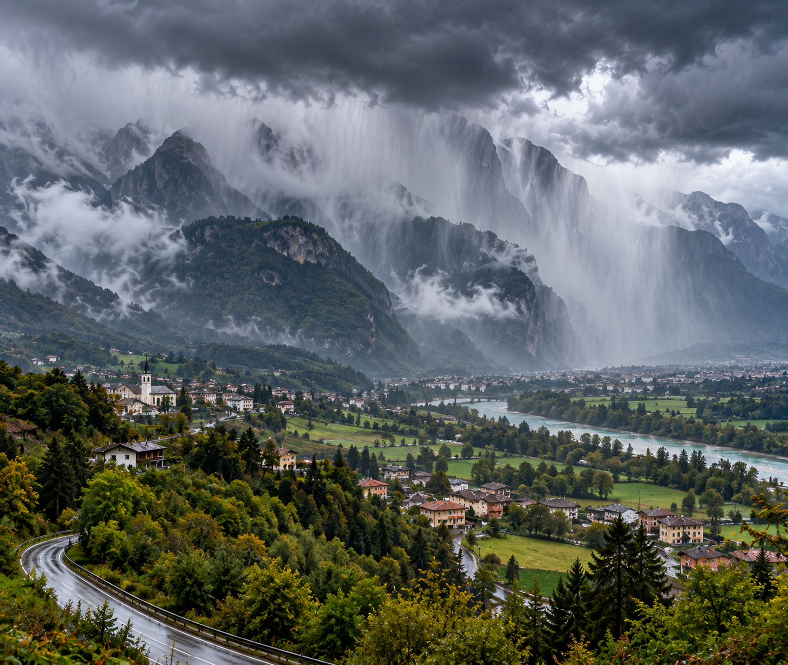 Paesaggio alpino simbolico sotto pioggia intensa e nubi basse, rappresentativo delle aree molto piovose del Friuli-Venezia Giulia