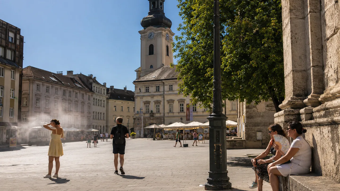 Piazza italiana assolata con persone e caffè all’aperto