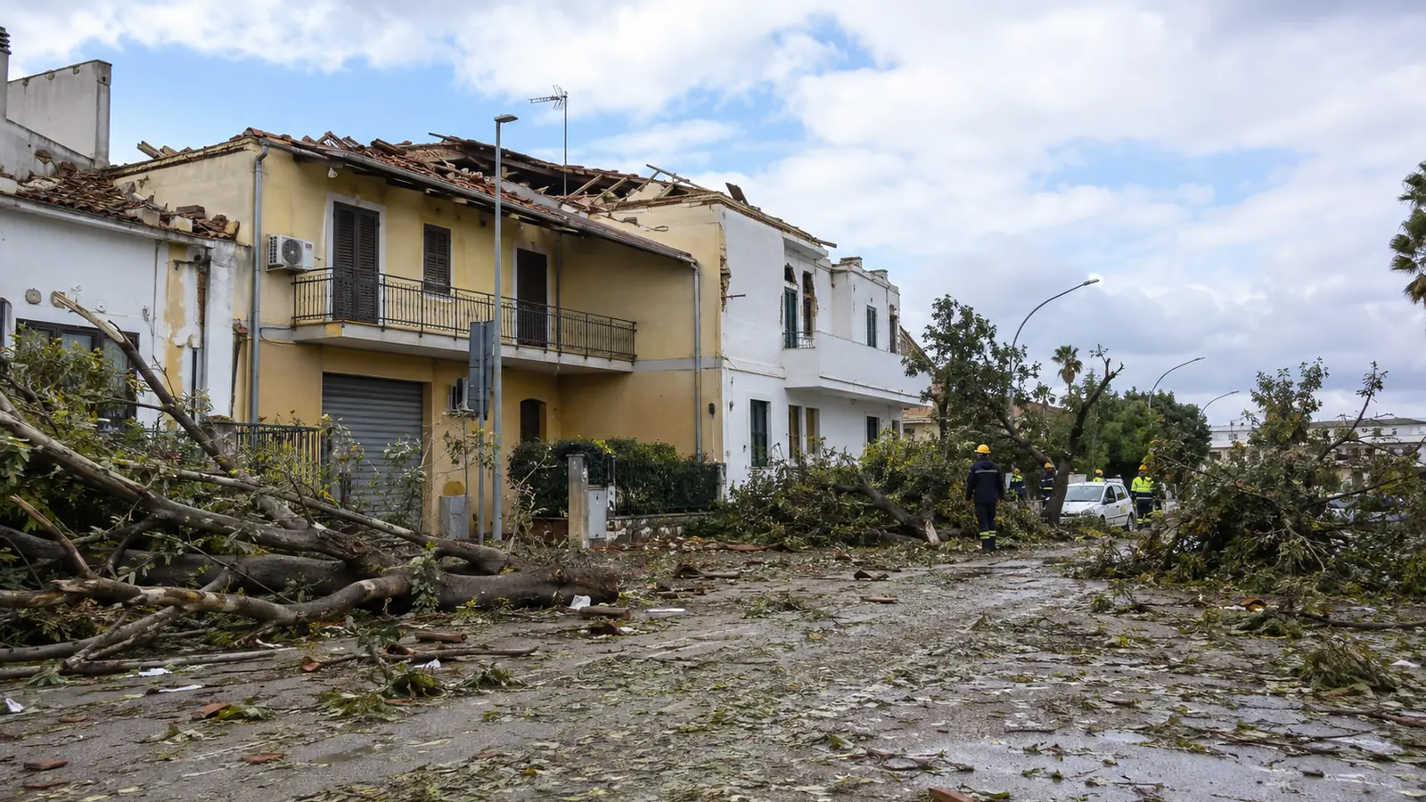 Tetti danneggiati, alberi caduti e squadre di intervento lungo una strada dopo un forte temporale