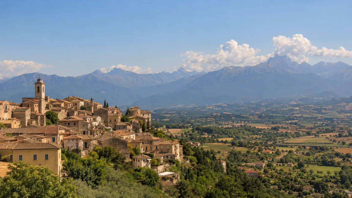 Borgo italiano soleggiato con montagne sullo sfondo in una giornata calda