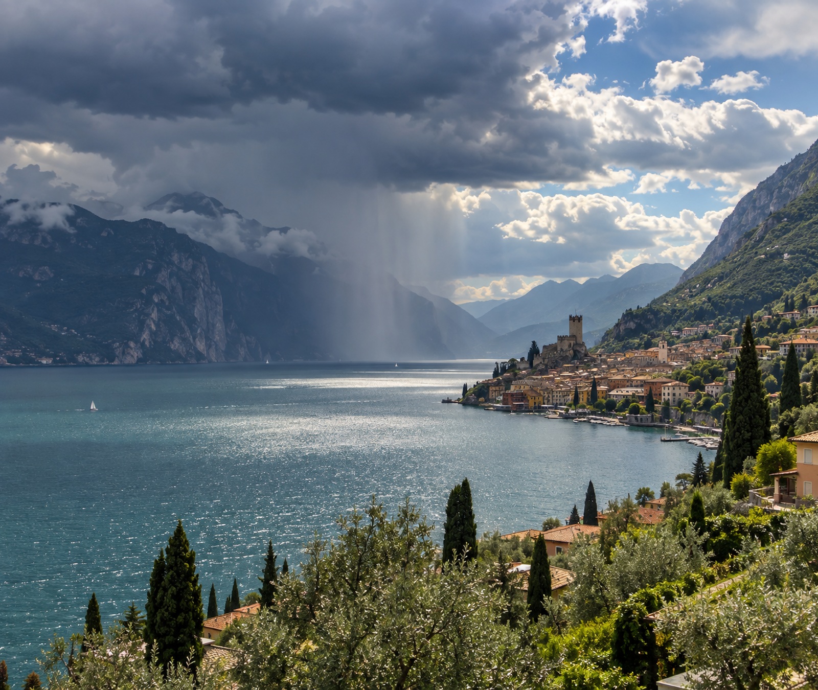 Paesaggio lacustre italiano con sole, nubi e rovesci sulle montagne in lontananza