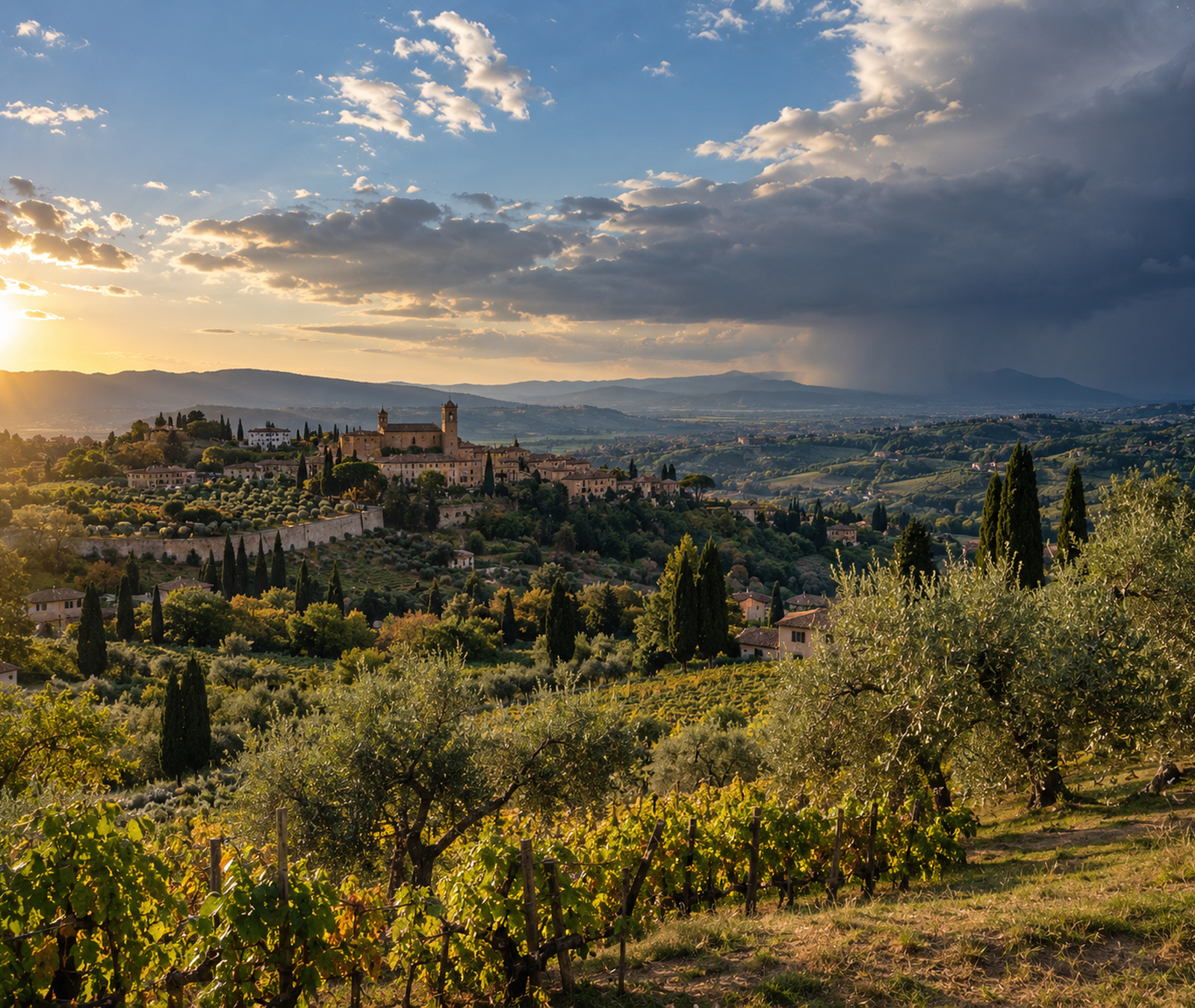 Paesaggio italiano di fine settembre con sole a ovest e temporali lontani all’orizzonte