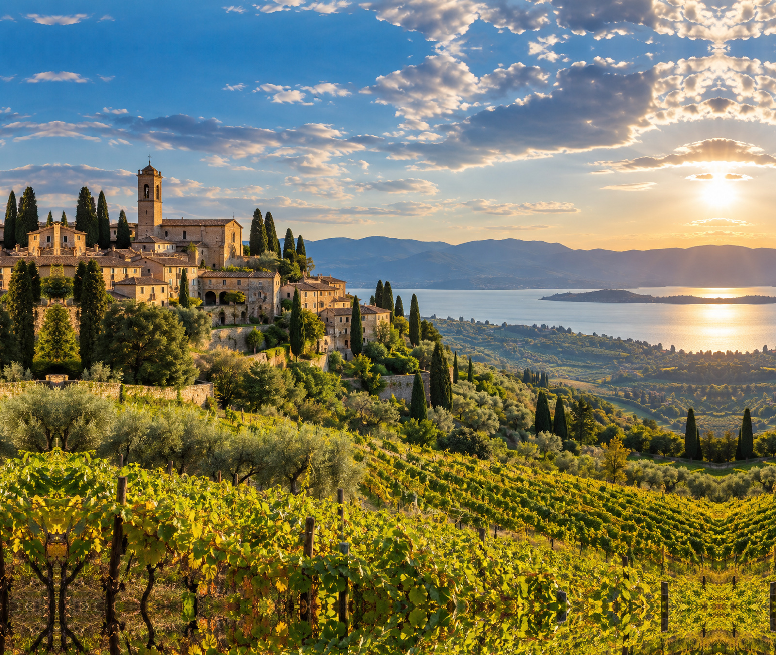 Paesaggio italiano di fine settembre con colline, ulivi e luce calda