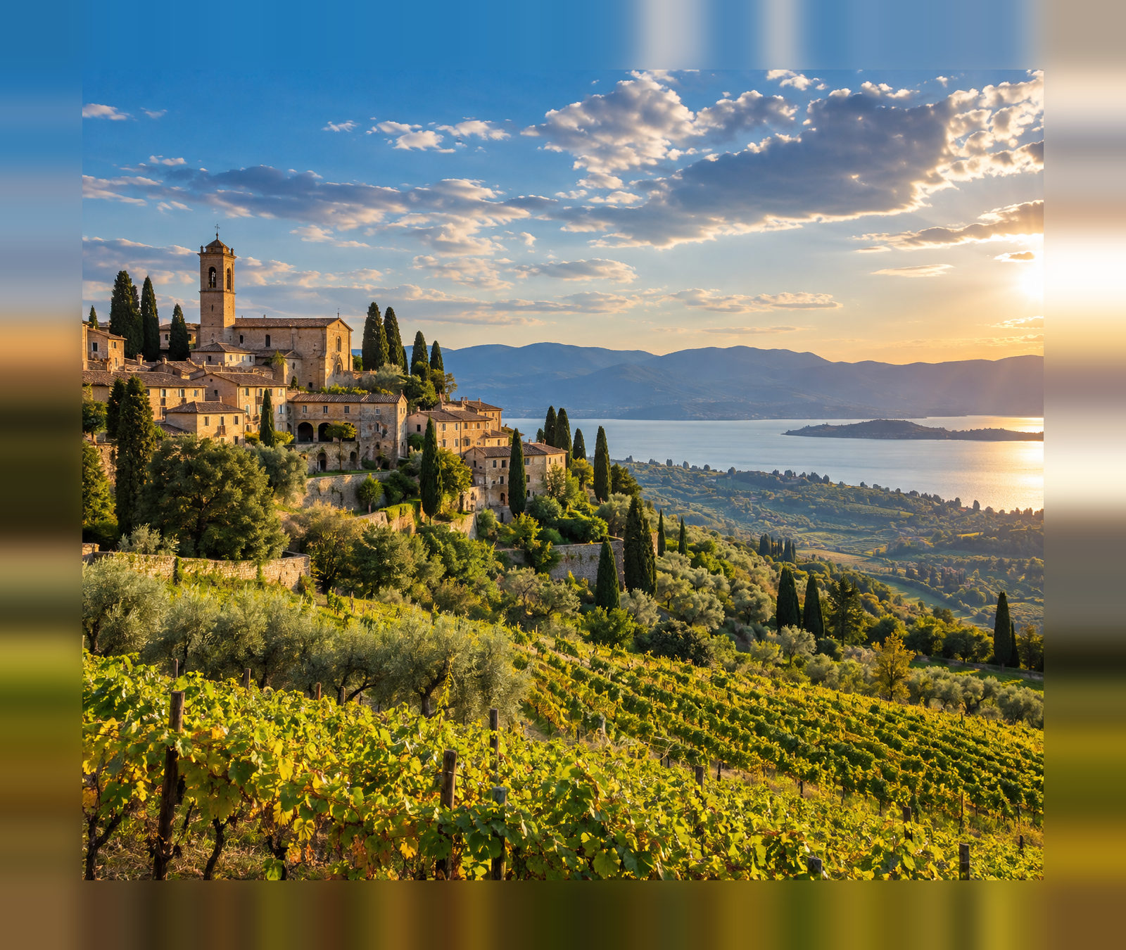 Paesaggio italiano collinare e lacustre in luce di fine settembre