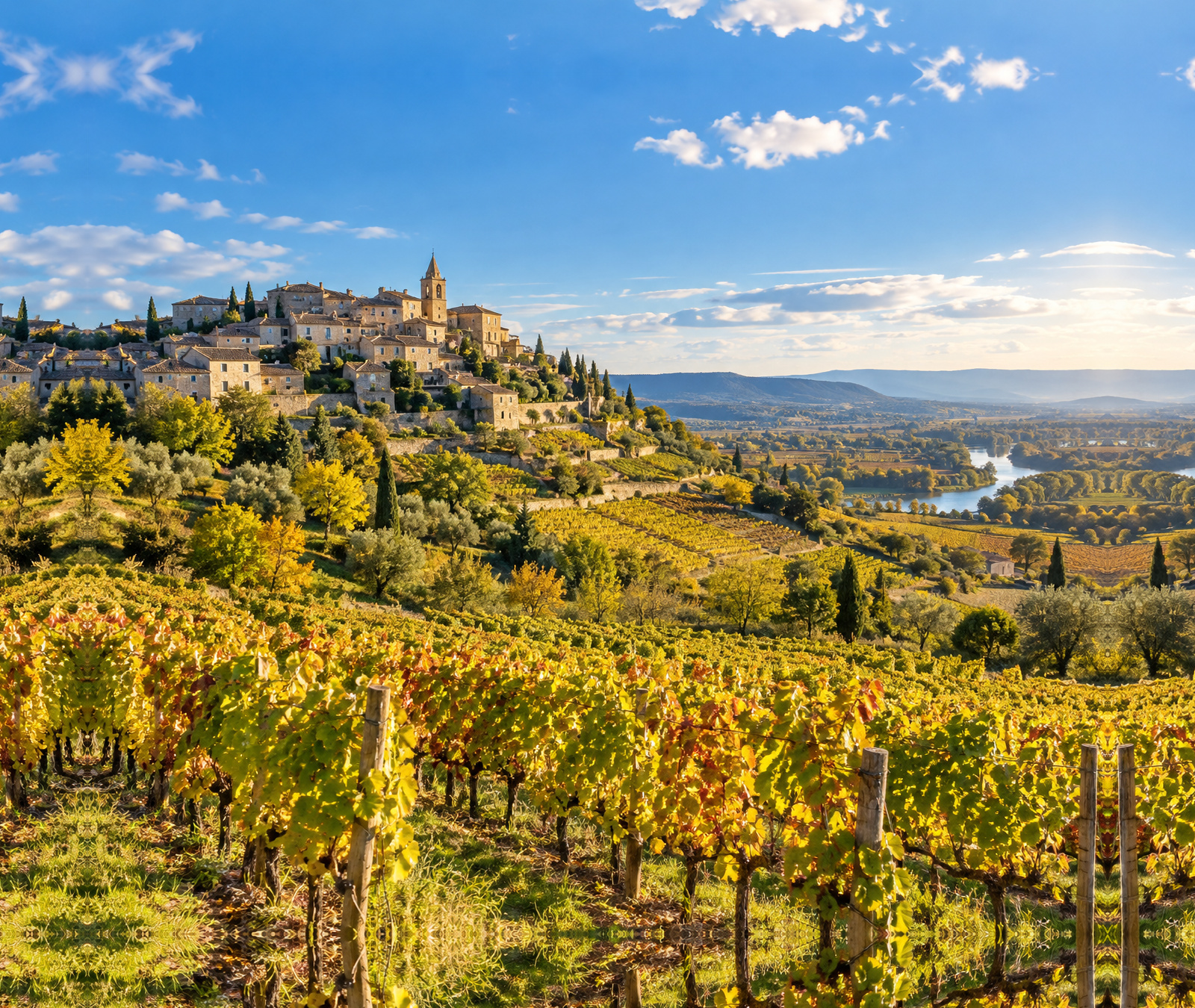 Paesaggio autunnale con vigneti e borgo collinare, immagine simbolica per il meteo italiano.