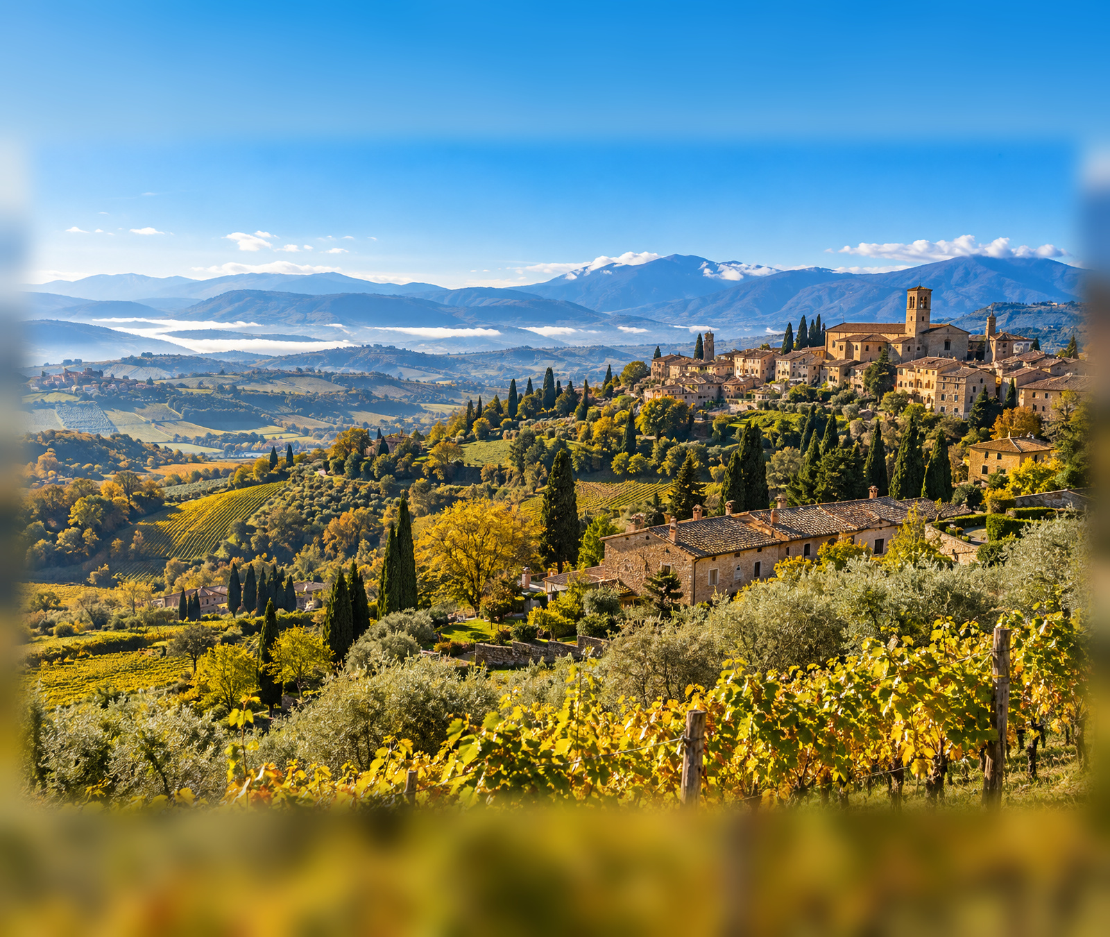 Paesaggio italiano soleggiato tra vigneti e colline in una giornata stabile di fine settembre