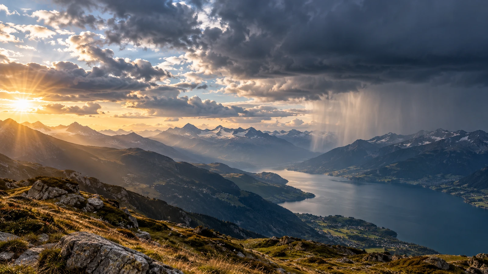 Nubi temporalesche e pioggia intensa su un paesaggio italiano, immagine simbolica del maltempo