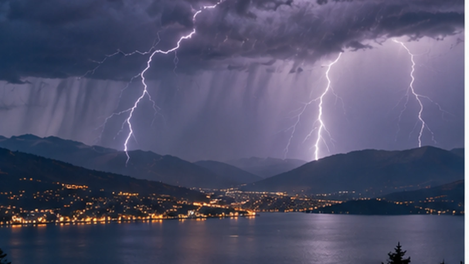 Temporali e pioggia intensa su un paesaggio collinare e lacustre, immagine simbolica per la fase instabile in Italia