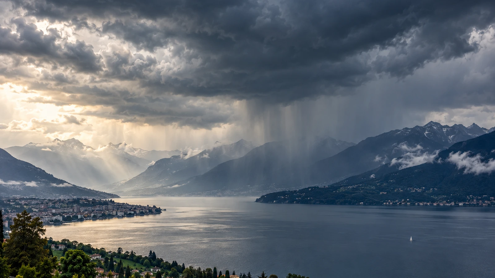 Nubi temporalesche in allontanamento con schiarite su un paesaggio italiano, immagine simbolica del miglioramento di venerdì