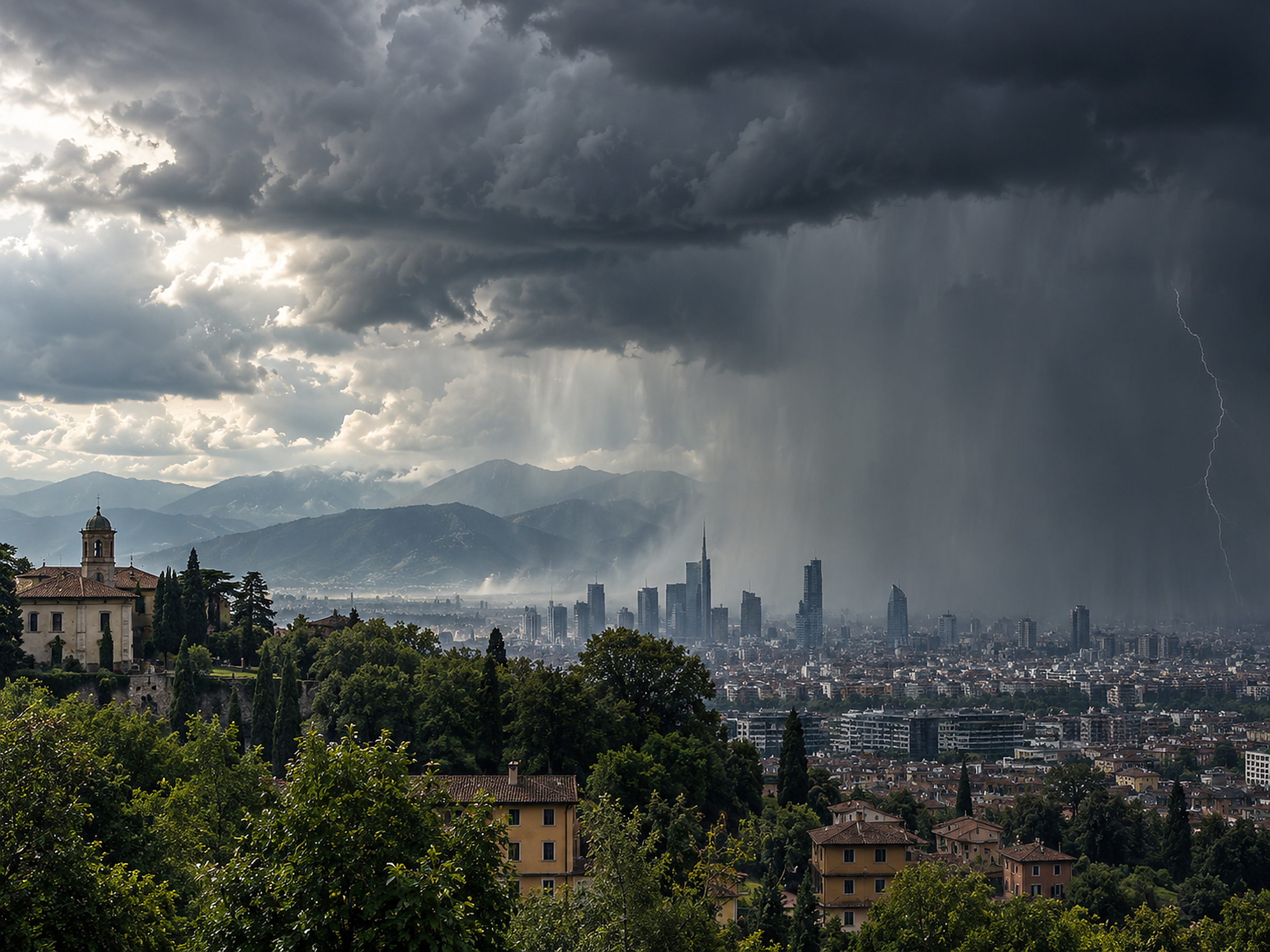 Illustrazione meteo editoriale realistica per il Nord Italia con temporali intensi e rovesci