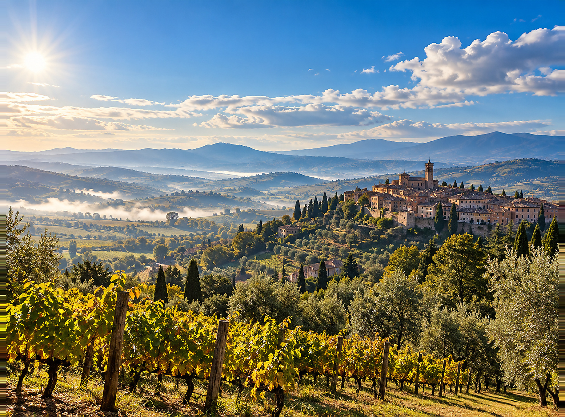 Paesaggio italiano soleggiato con vigneti, olivi e borgo collinare
