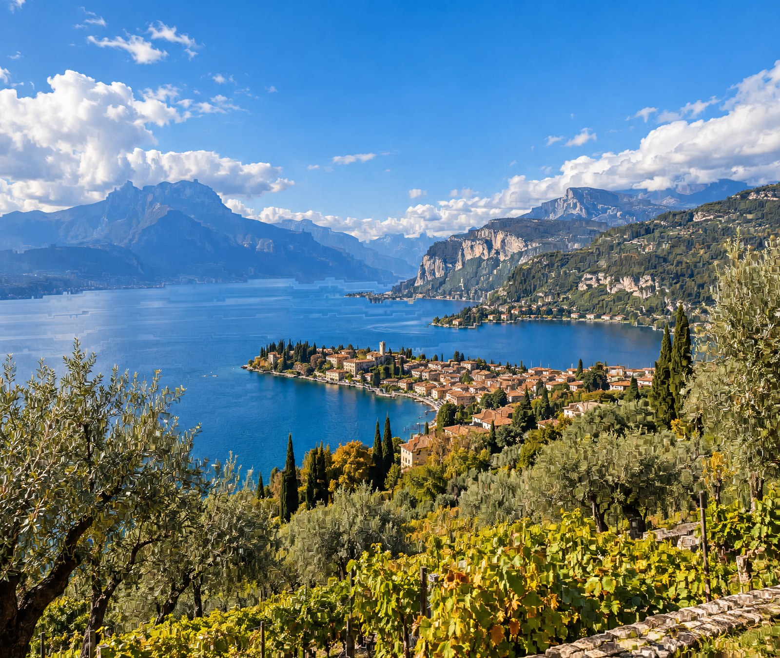 Paesaggio italiano con lago alpino, borgo, vigneti e ulivi in una luminosa giornata di fine settembre.