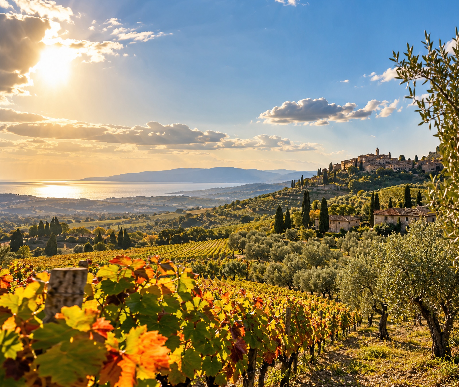 Paesaggio italiano di fine settembre con vigneti, oliveti e borgo collinare
