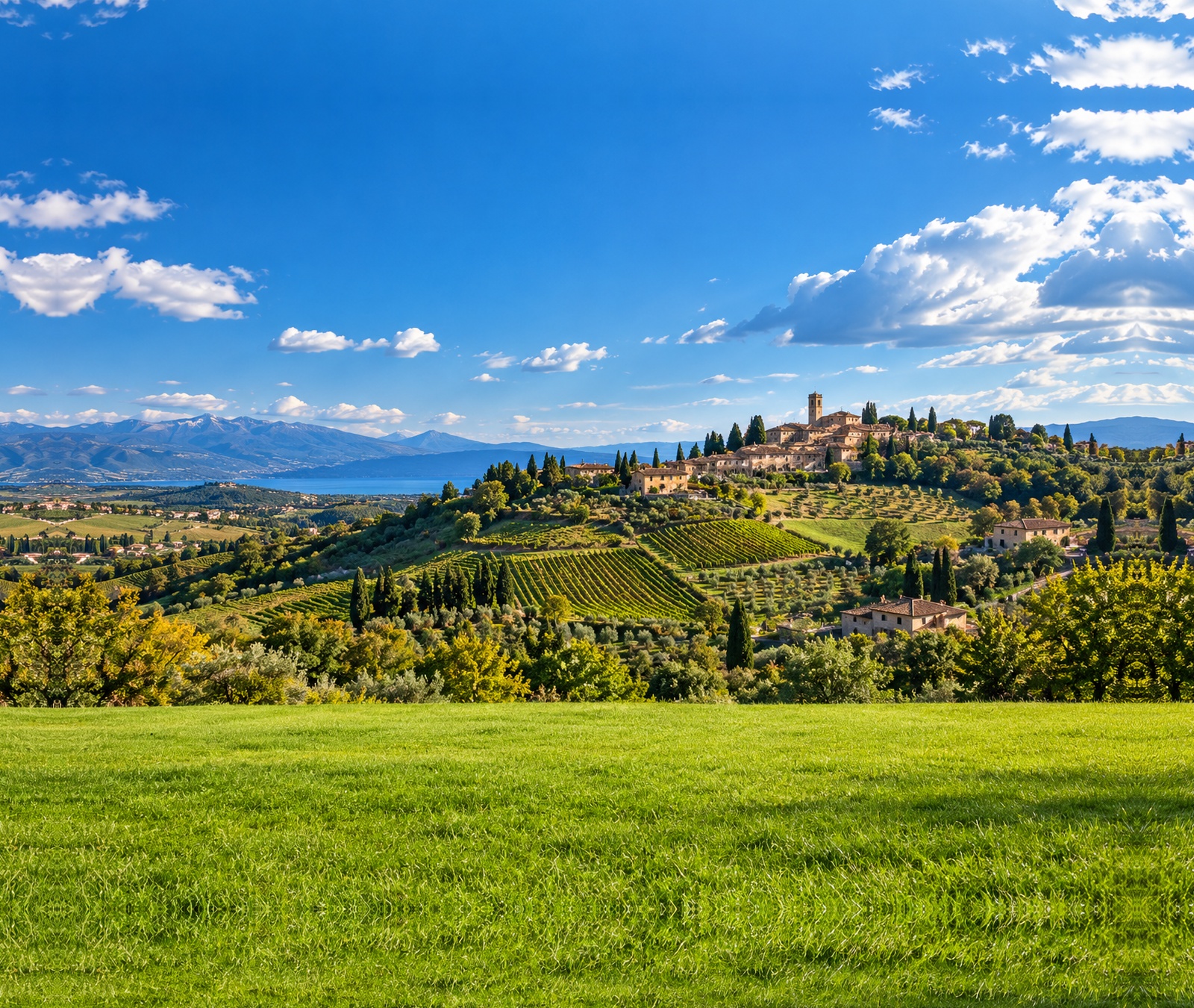 Paesaggio simbolico italiano di fine settembre con vigneti, ulivi e tempo mite