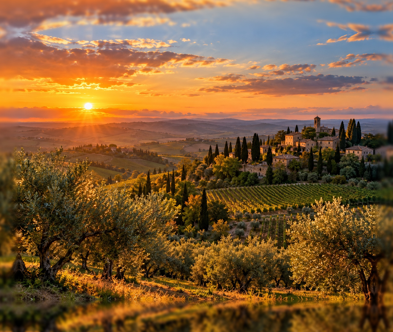 Paesaggio collinare italiano con vigneti, olivi e borgo al tramonto
