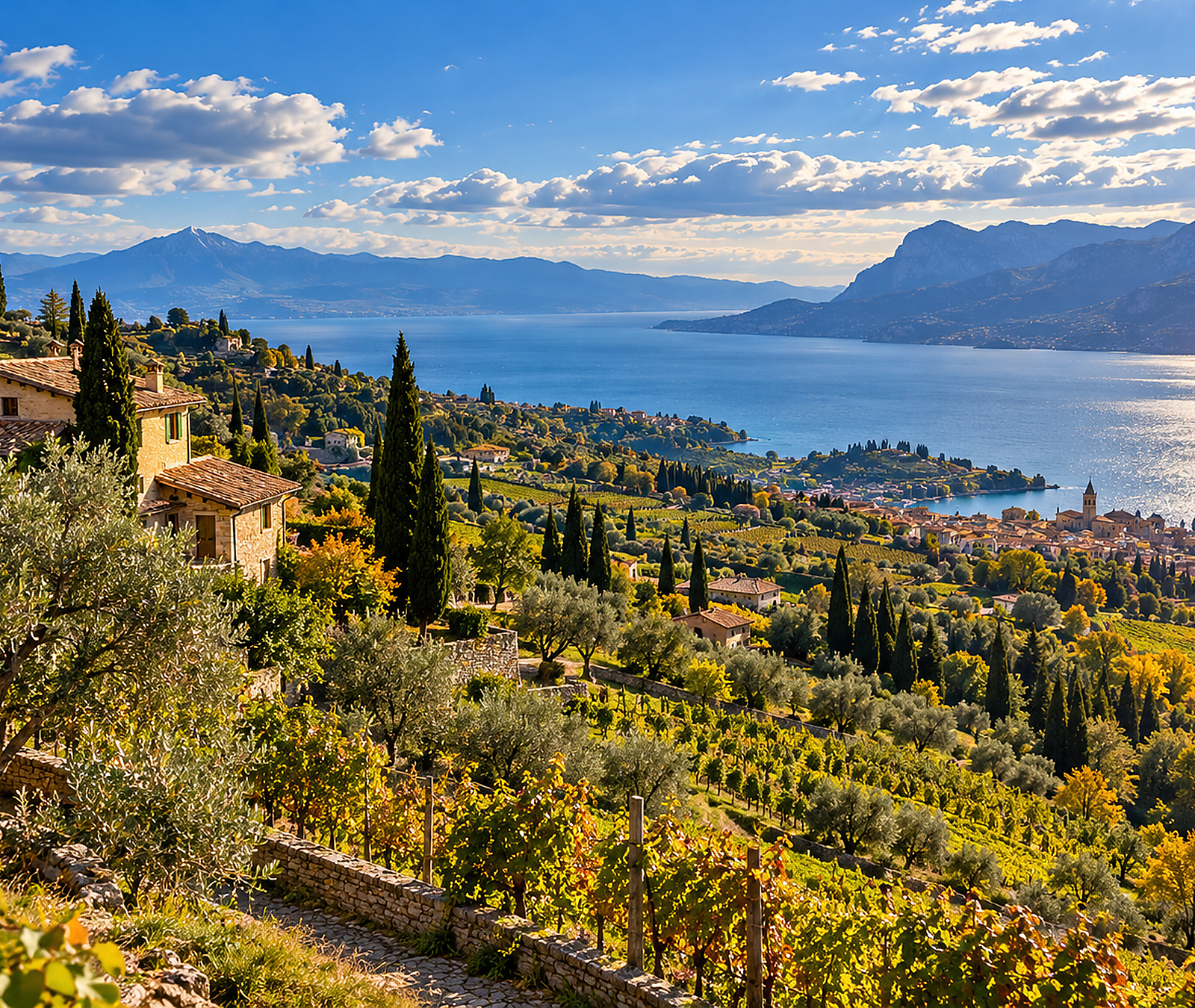 Paesaggio mediterraneo italiano con vigneti, ulivi, lago e colline