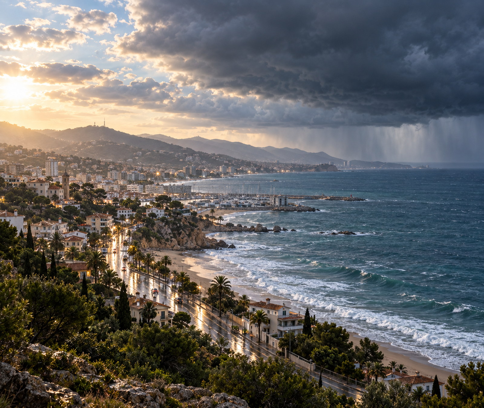 Costa catalana con schiarite e nubi temporalesche dopo la notte di maltempo.