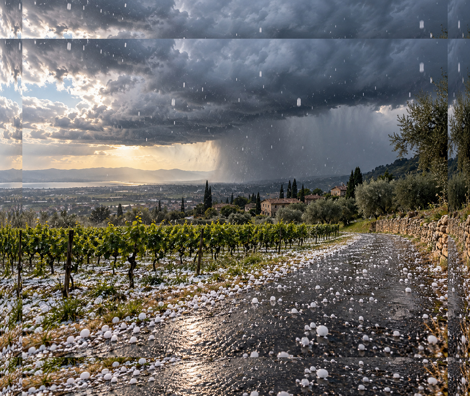 Violenta grandinata su un paesaggio mediterraneo con vigneti e temporale