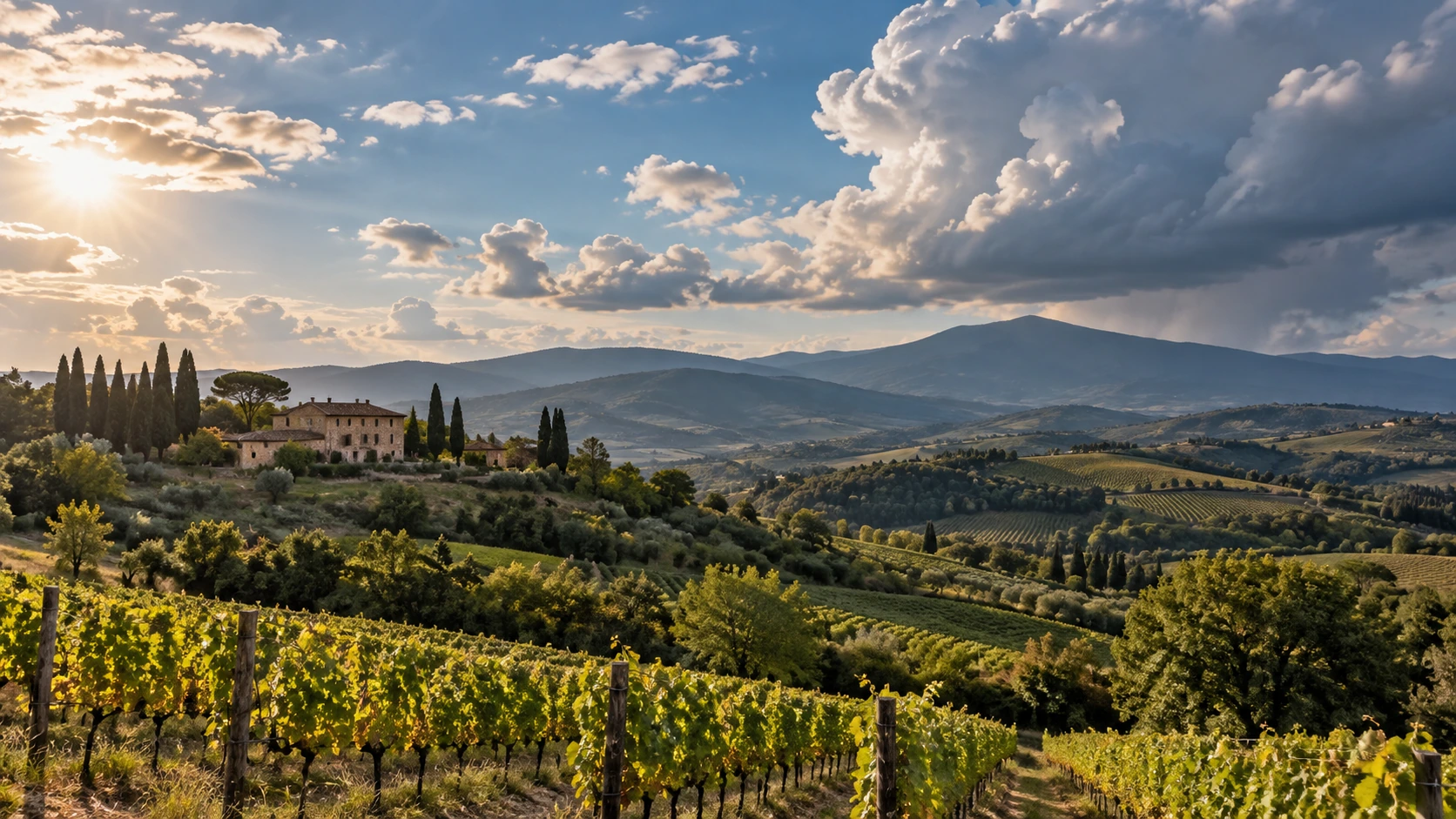 Paesaggio collinare italiano con vigneti, sole e nubi in sviluppo.