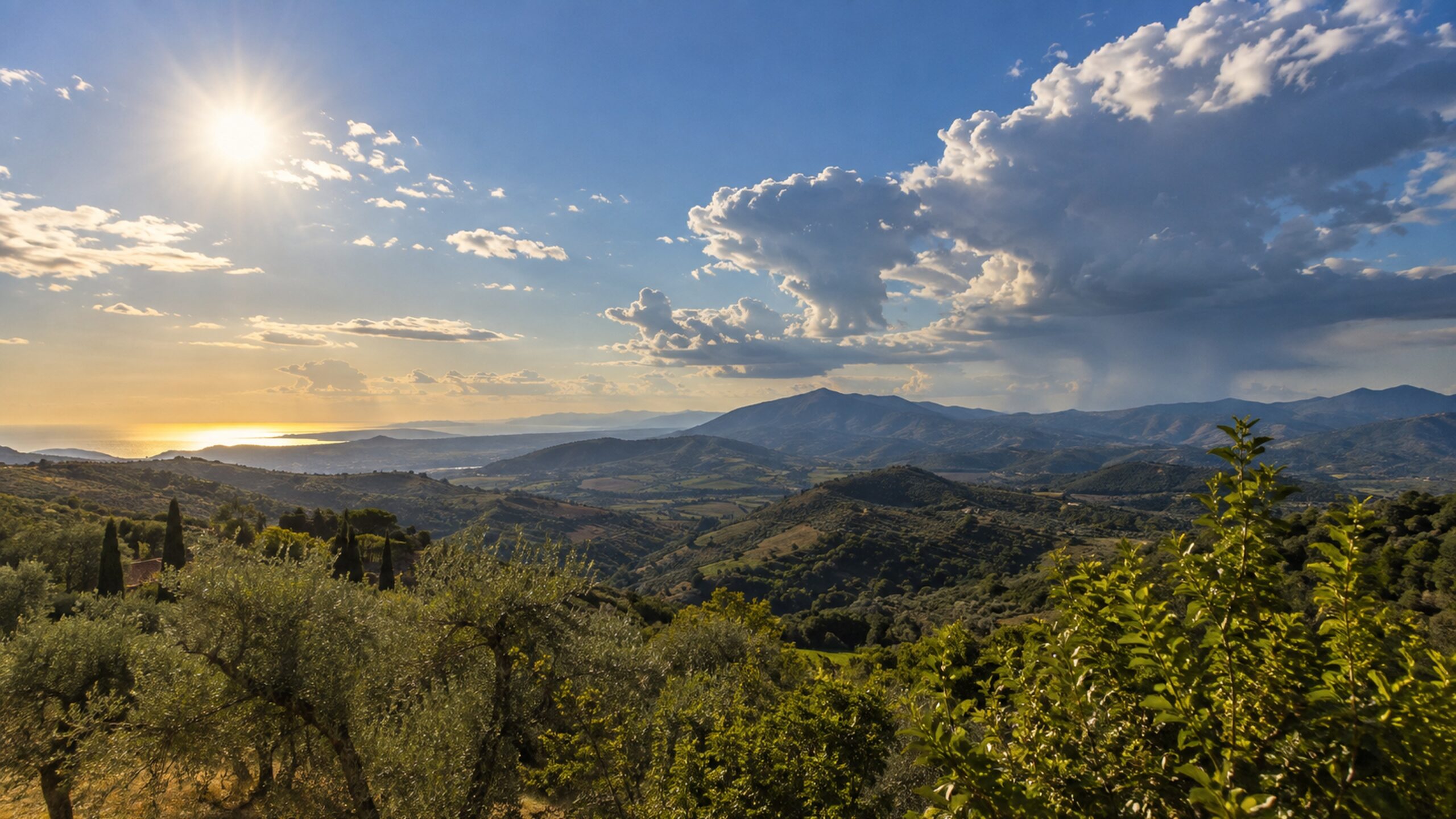 Paesaggio collinare italiano in luce di fine estate con nubi convettive in lontananza.