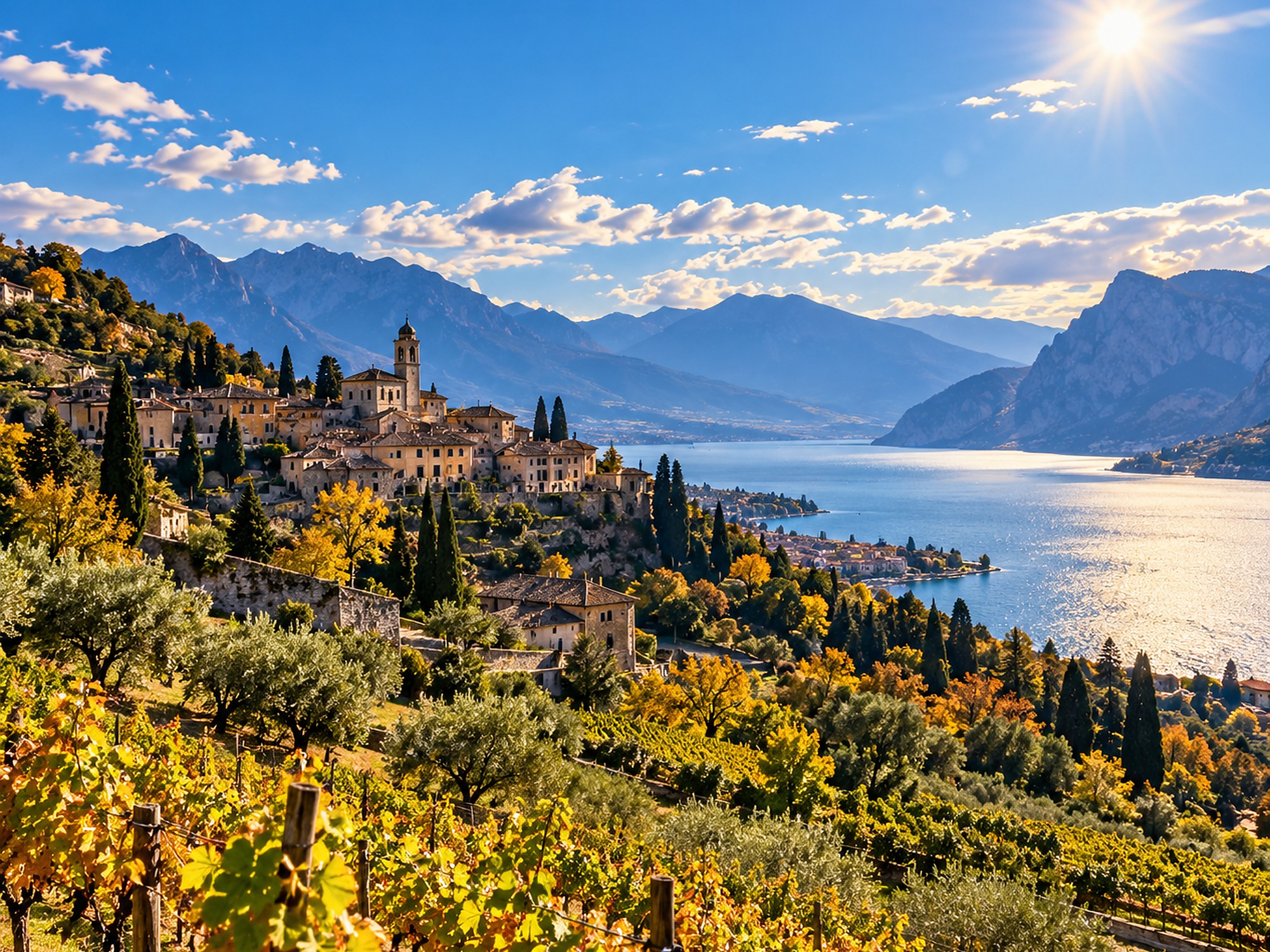 Paesaggio italiano soleggiato con lago, borgo, ulivi e vigneti come immagine simbolica del meteo.