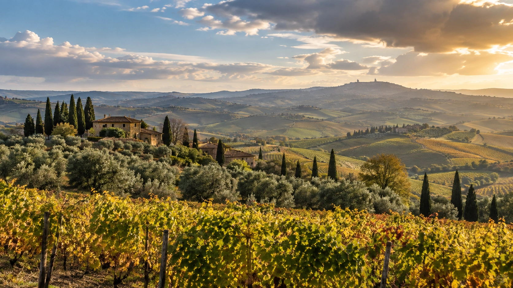 Paesaggio collinare della Toscana con vigneti, olivi e campi sotto un cielo variabile.