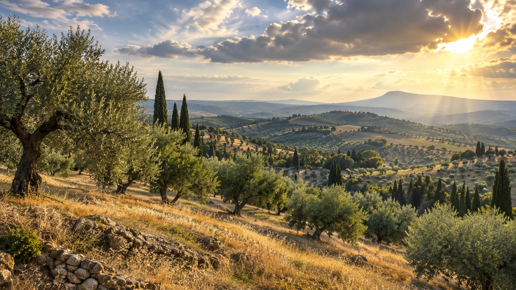 Colline italiane con ulivi, cipressi e campi asciutti illuminate dal sole di settembre.