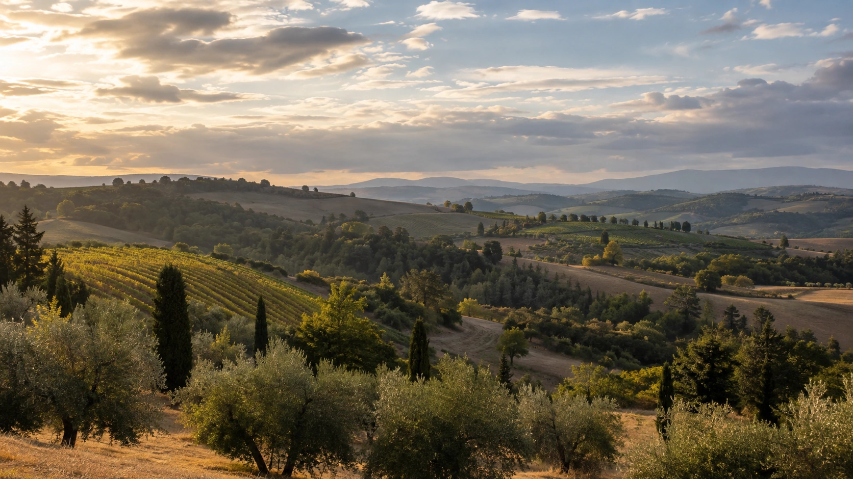 Paesaggio collinare italiano con ulivi, campi e luce calda di settembre.