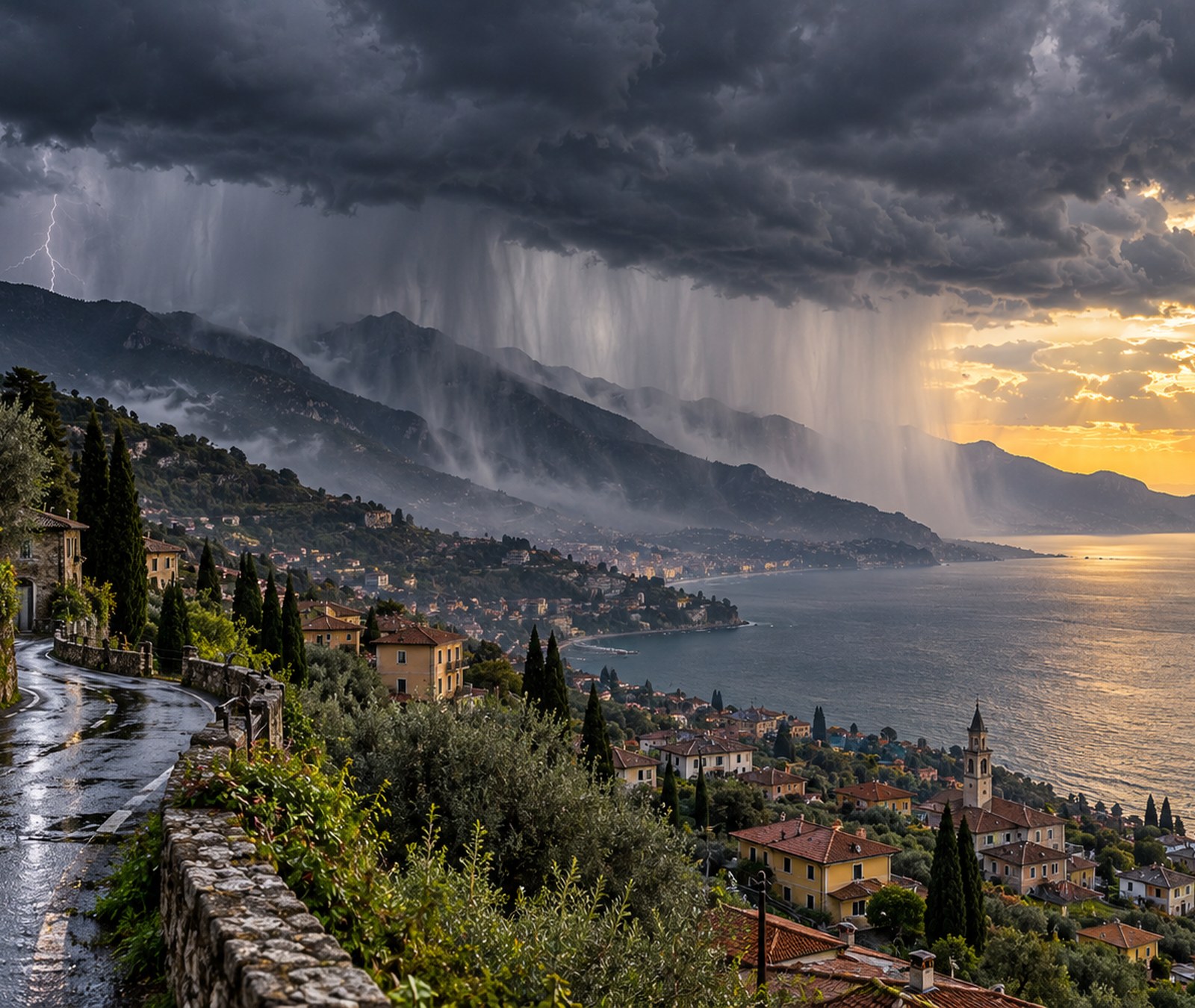 Paesaggio italiano con rovesci intensi sulle montagne e schiarite sul mare.