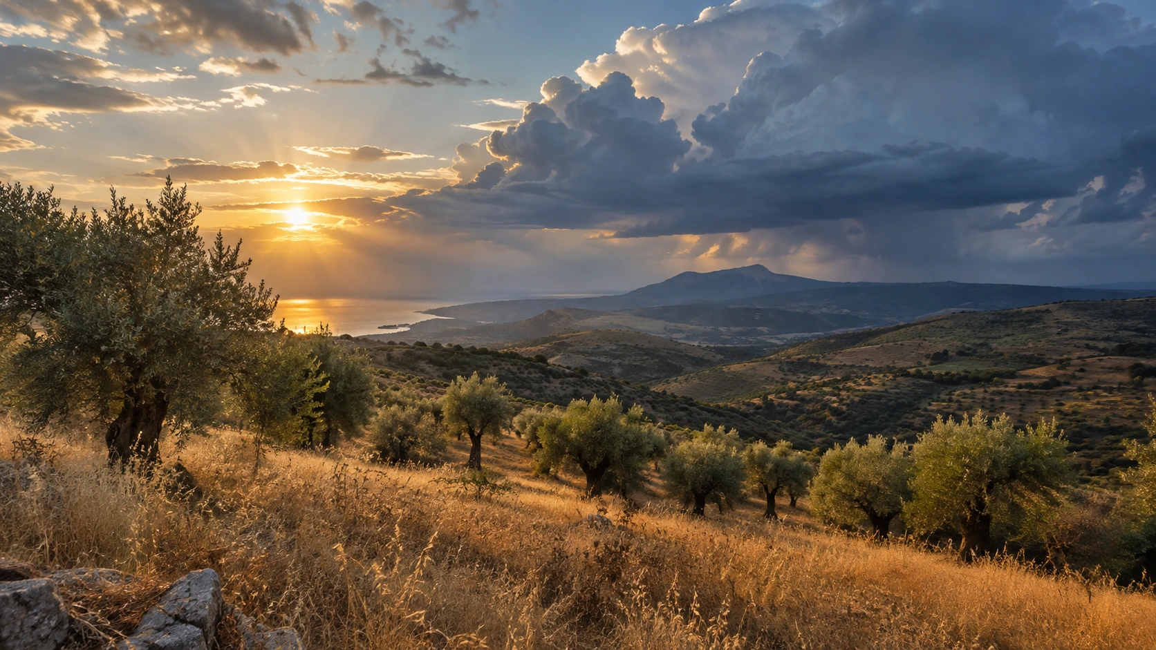 Paesaggio collinare italiano con ulivi, luce calda e nubi più scure in lontananza.