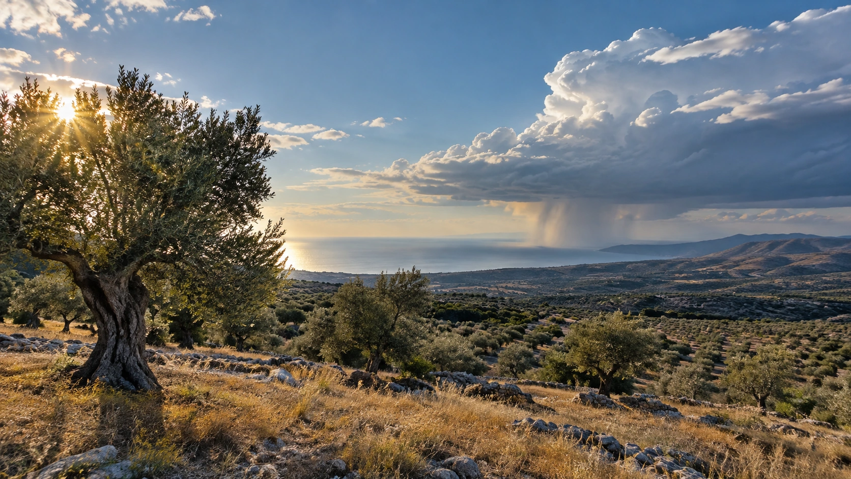 Süditalienische Olivenlandschaft mit trockenen Gräsern und lokalem Regenschauer in der Ferne.