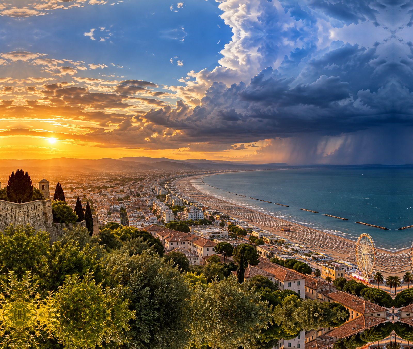Panorama della costa adriatica riminese tra mare, città e rilievi appenninici, simbolo dei forti contrasti meteorologici della zona