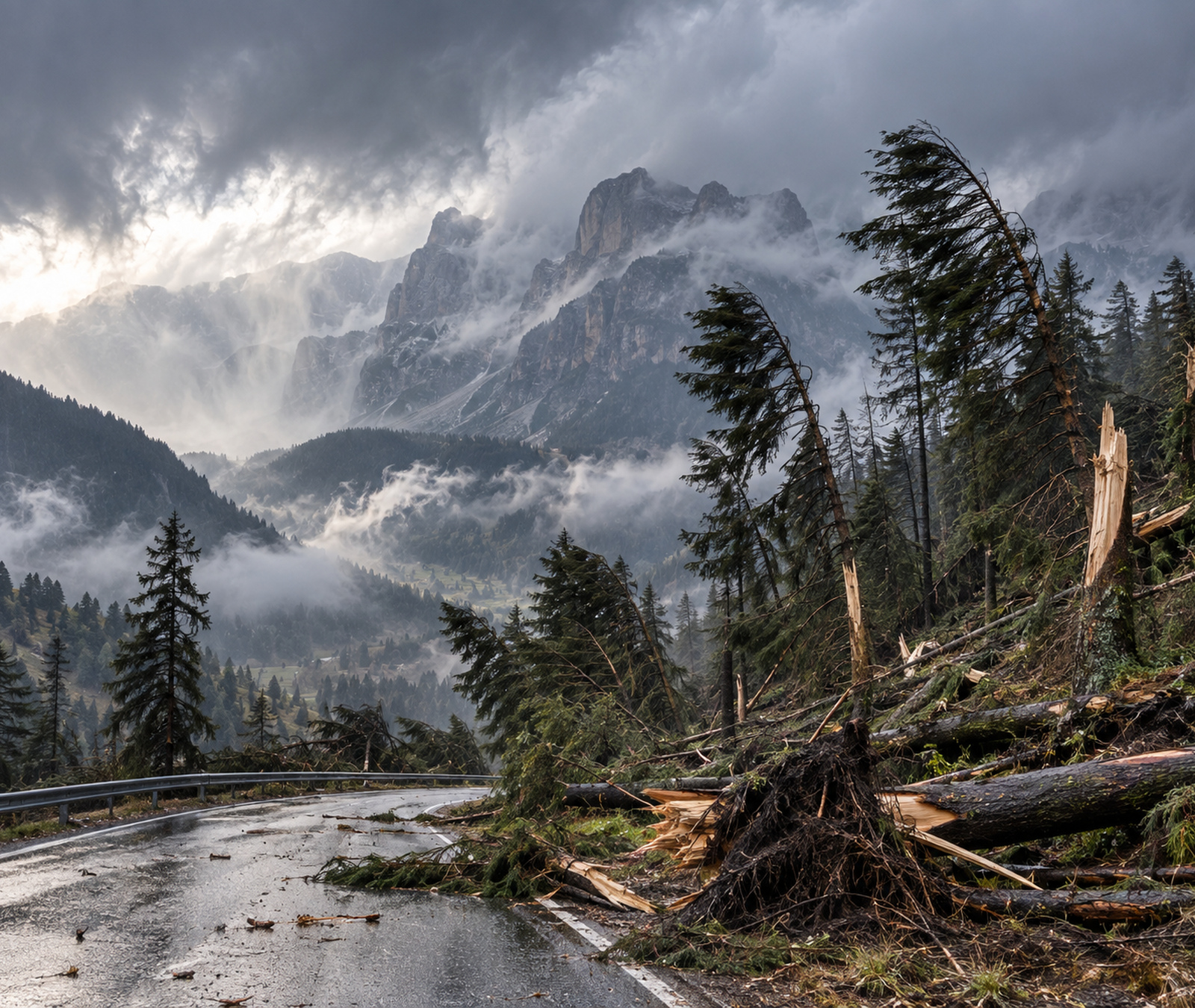 Tempesta violenta sulle Alpi orientali con bosco danneggiato, strada bagnata e forti raffiche di vento
