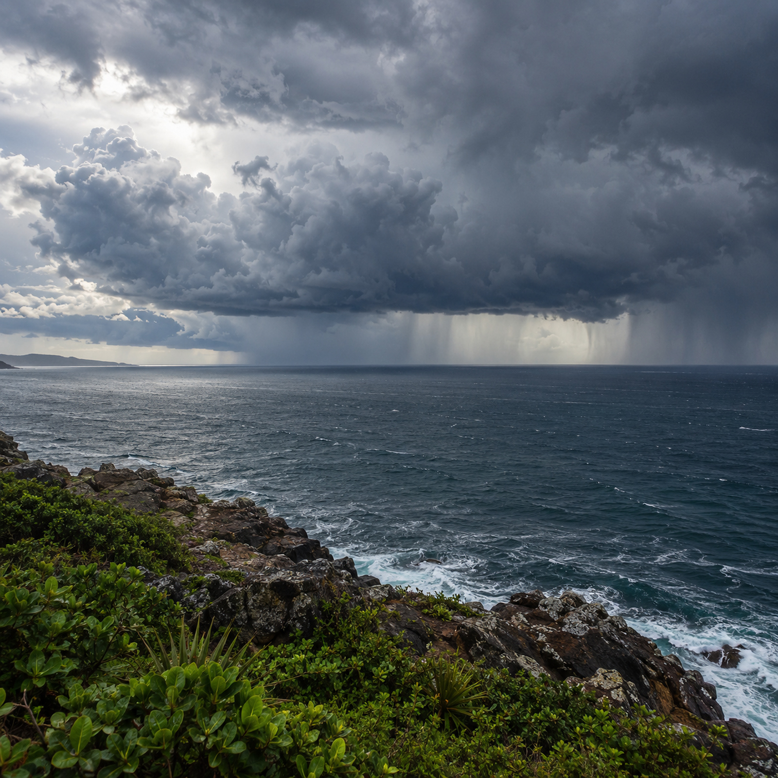 Immagine simbolica generata con IA: imponenti nubi di pioggia sopra il Pacifico tropicale, viste da una costa rocciosa.