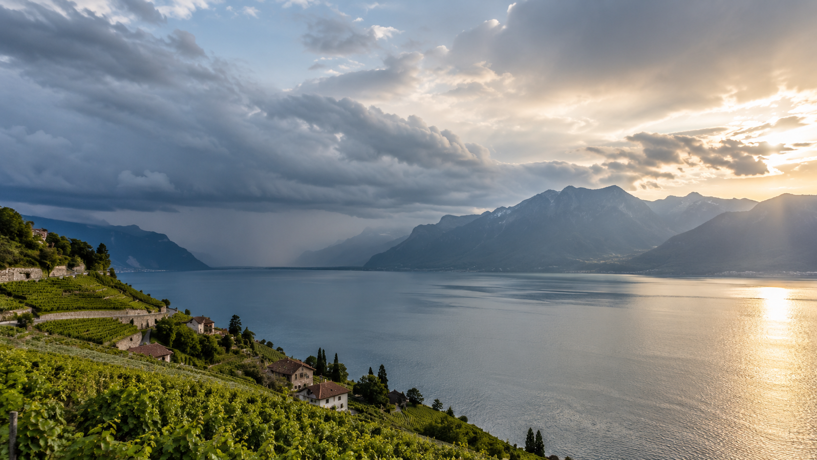 Paesaggio svizzero con vigneti e lago sotto nubi in aumento, simbolo di un cambiamento del tempo.
