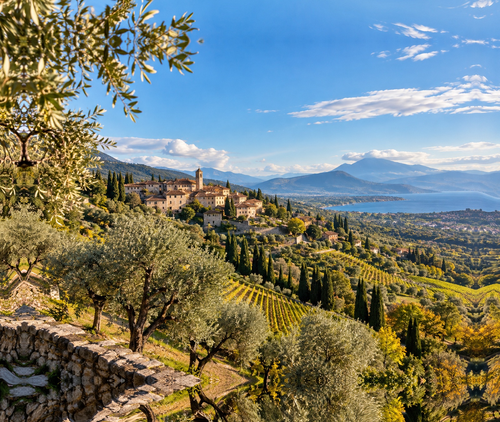 Paesaggio italiano con uliveti, vigneti e colline sotto un cielo stabile di inizio ottobre