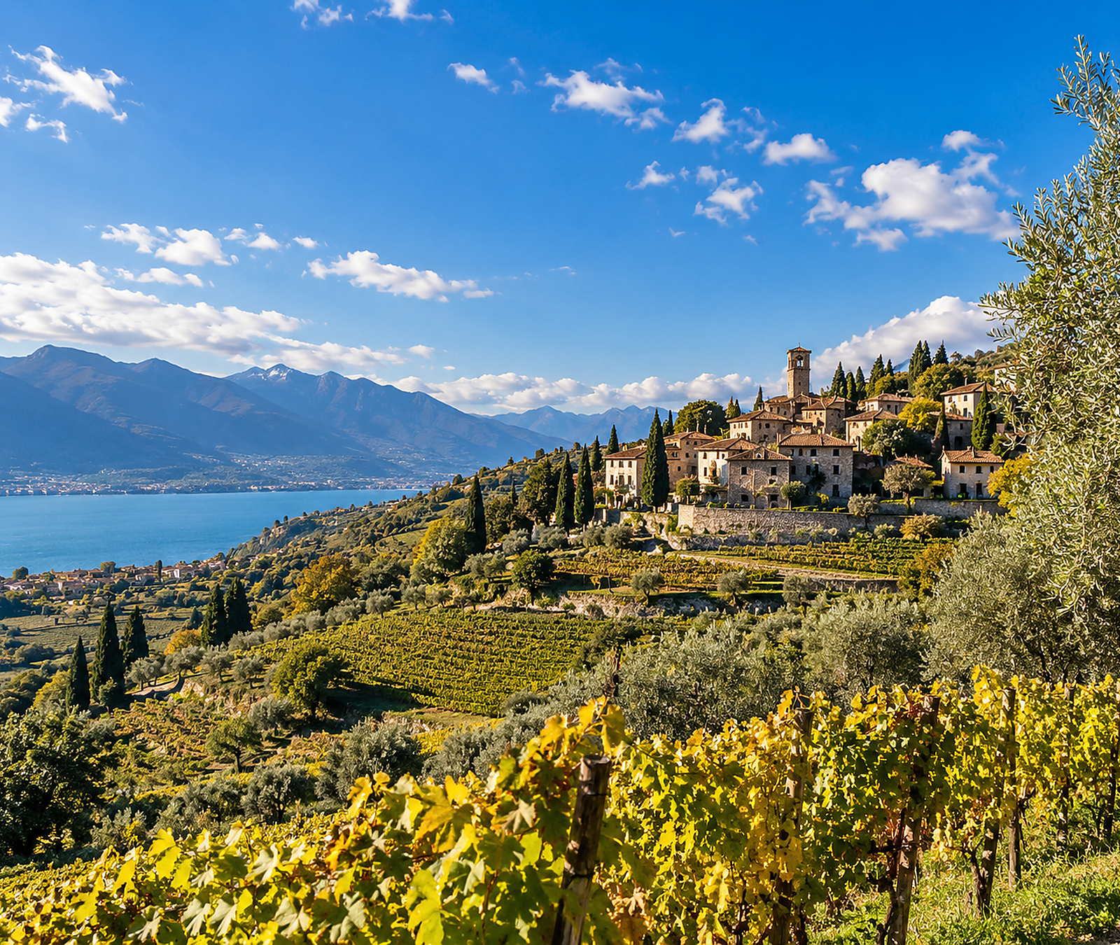 Paesaggio italiano soleggiato con vigneti, ulivi e borgo collinare