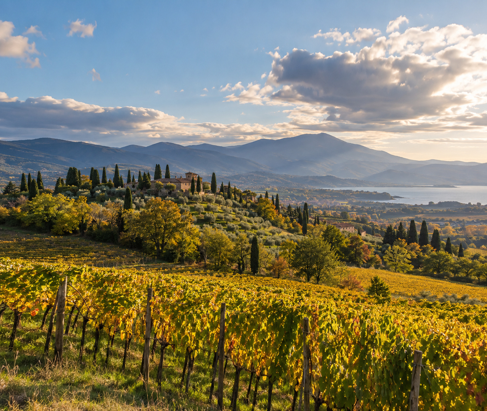 Paesaggio italiano di inizio ottobre con vigneti, ulivi, borgo collinare e luce mite