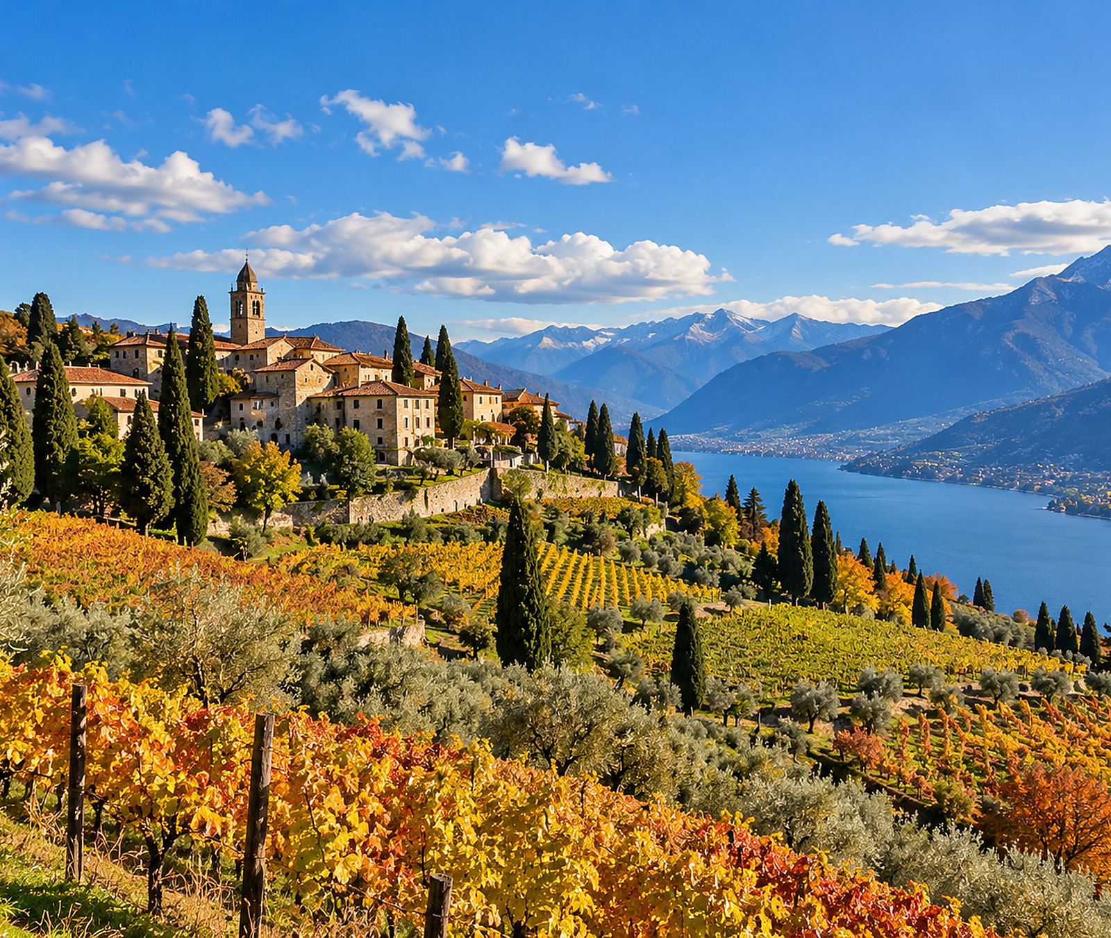 Paesaggio italiano di inizio ottobre con vigneti, ulivi, borgo e cielo in gran parte sereno