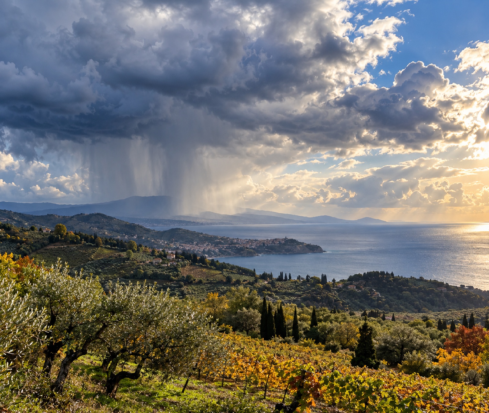 Paesaggio mediterraneo autunnale con rovesci in lontananza e schiarite come immagine simbolica del tempo variabile in Italia.