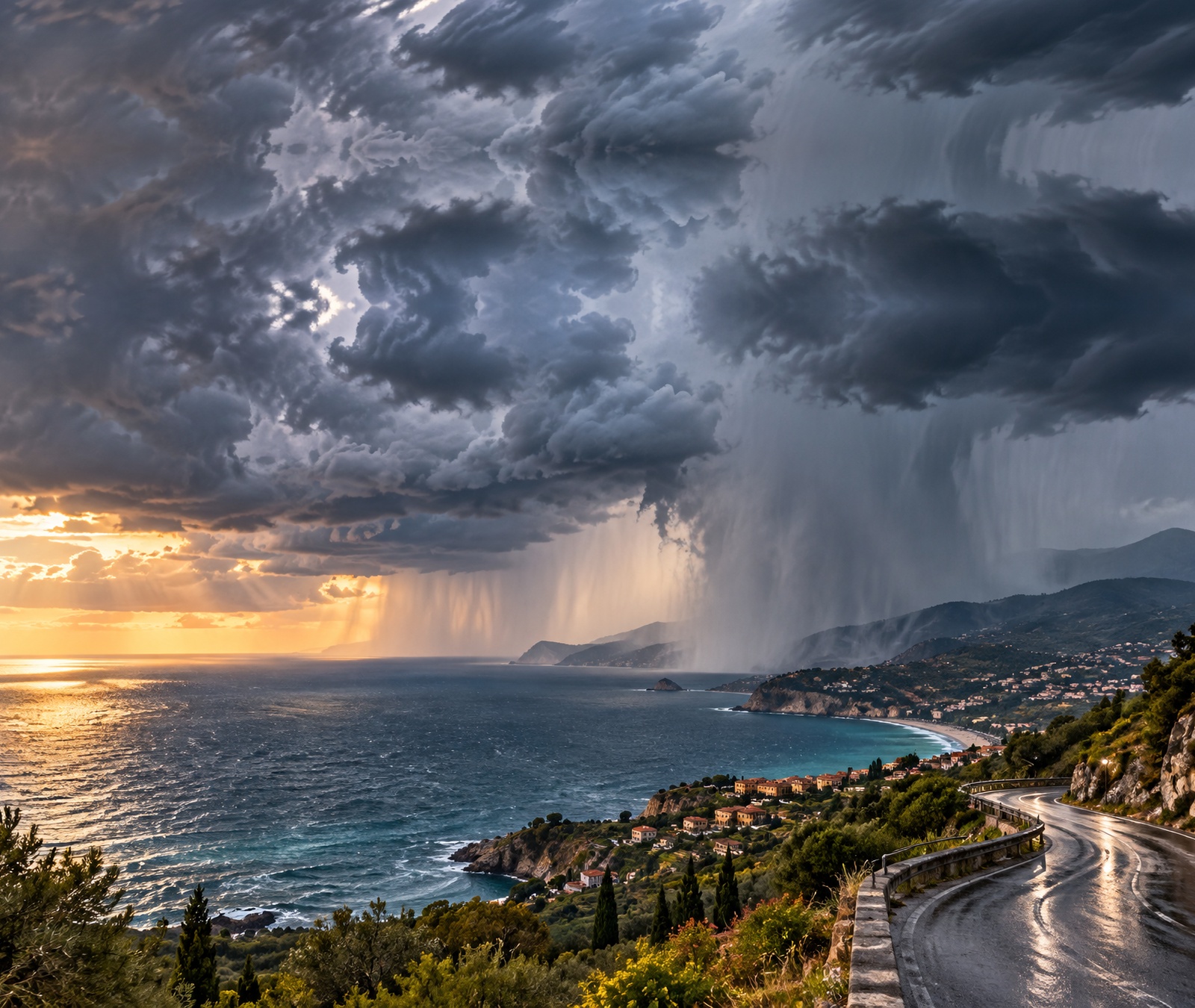 Paesaggio costiero italiano sotto rovesci temporaleschi intensi ma realistici, immagine simbolica del maltempo nel Centro-Sud.