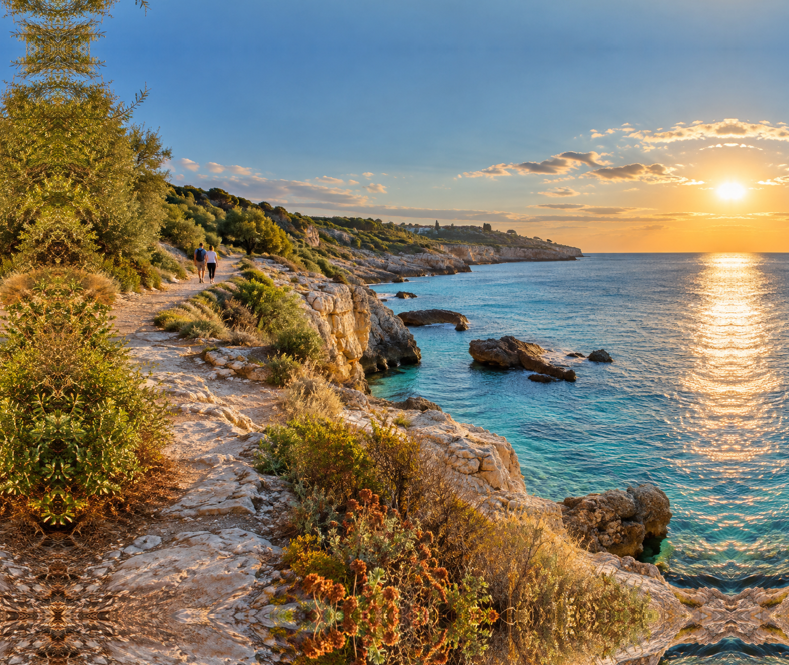 Sentiero panoramico sul mare Mediterraneo con vegetazione costiera e persone in lontananza, immagine illustrativa