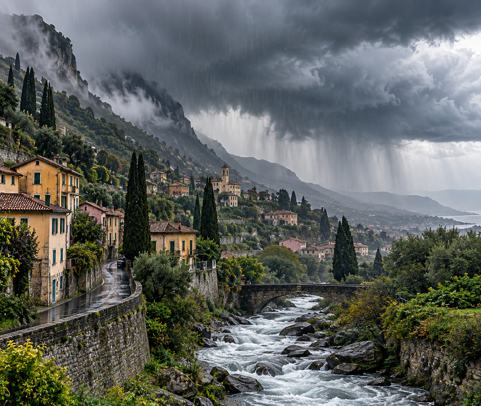 Immagine simbolica di forti piogge su un borgo italiano con torrente montano ingrossato ma ancora negli argini.