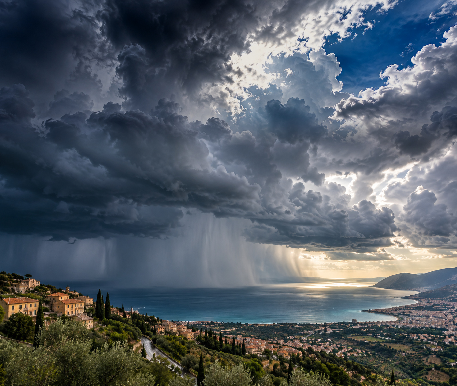 Immagine simbolica del maltempo sul Mediterraneo con nubi temporalesche e costa italiana