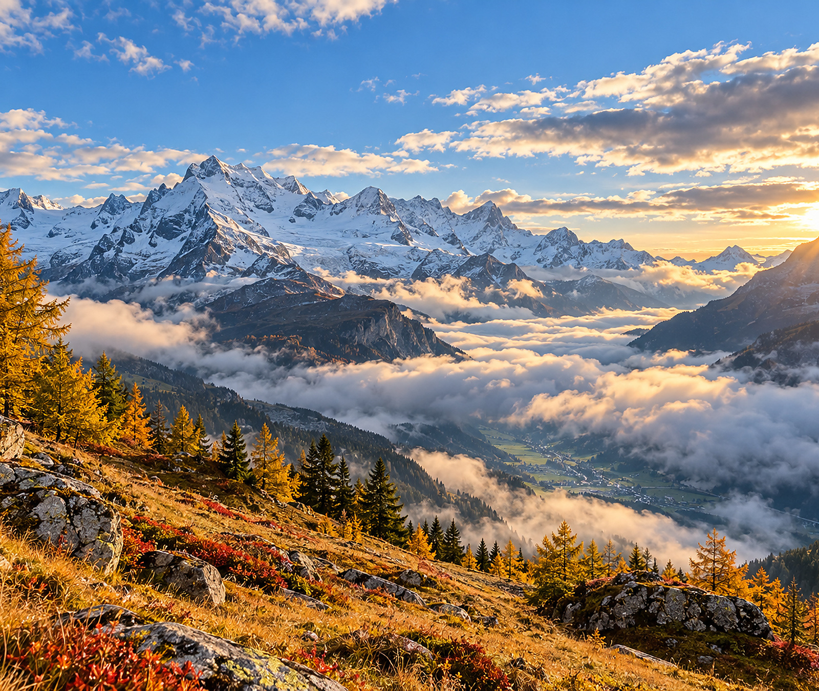 Paesaggio alpino italiano in autunno con neve sulle cime alte e schiarite dopo le nubi, immagine simbolica per il meteo del fine settimana.