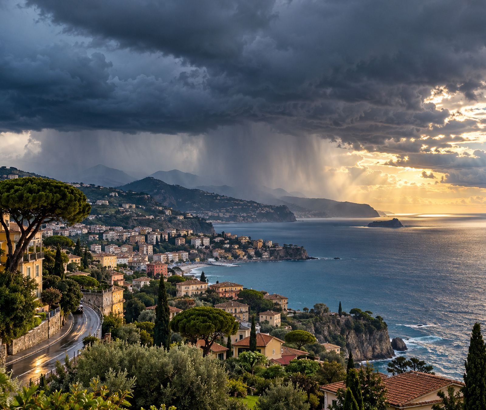 Immagine simbolica del maltempo autunnale in Italia con temporali sul Mediterraneo e schiarite sulla costa
