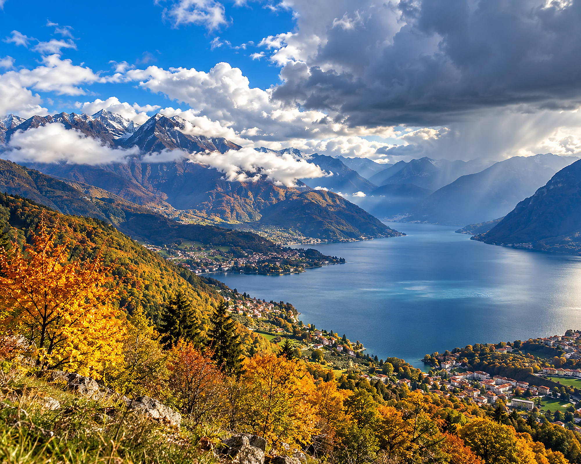Paesaggio alpino italiano in autunno con montagne, lago e nubi variabili